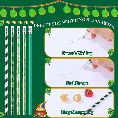 St. Patrick's Day Pencils Shamrock Clover Novelty Stripe Pencils with Eraser, 50 Pieces