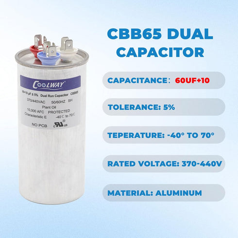 COOLWAY 60/10 uF 60+10 MFD 370V or 440V Dual Run Start ac Capacitor for ac 60 10 CBB65r CBB65b Capacitor 370 440 Volt vac Air Conditioner Capacitor for Motor Start or Heat Pump, Condenser, Pool Pump