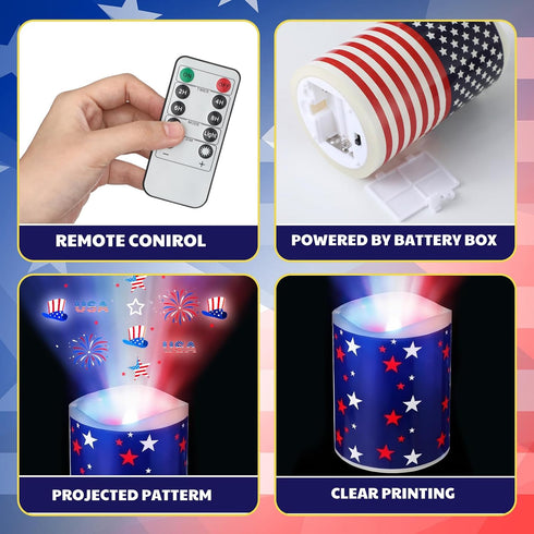 3 4th Baquler Pcs Independence Day Flameless Projector Candle with Remote Timer - American Flag Patriotic Projector