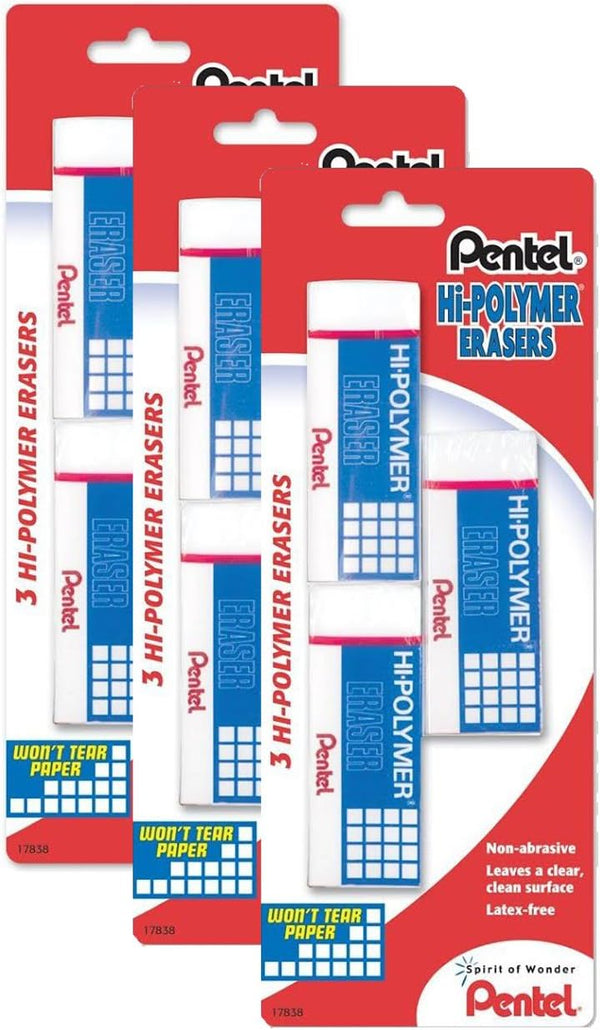 Pentel Hi-Polymer Block Eraser, Large, Pack of 9