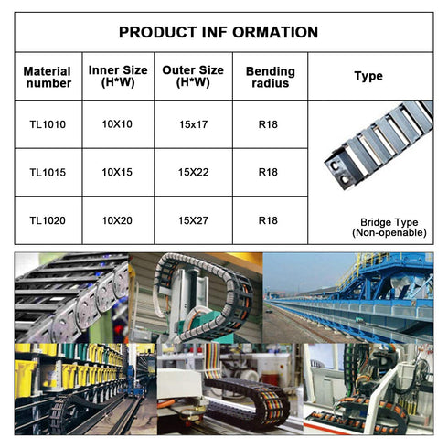 R18 Black Plastic Cable Wire Carrier Drag Chain, 10mm x 15mm, 1M Length for CNC with End Connectors
