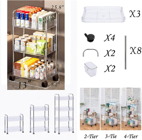 Dalekana 3-Tier 8.2W 13L 25.8" Plastic Rolling Utility Clear Cart with Wheels, Multifunctional Storage Organizer Cart