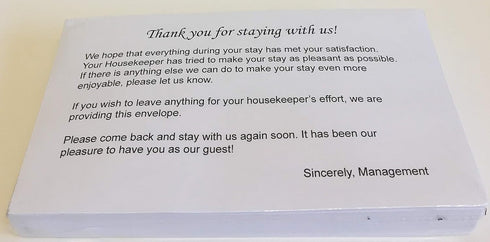 Housekeeping Hotel Motel Tip Gratuity Envelope - Gummed Seal - White - 3 11/16 by 6 1/2 Inch - 250 Pack