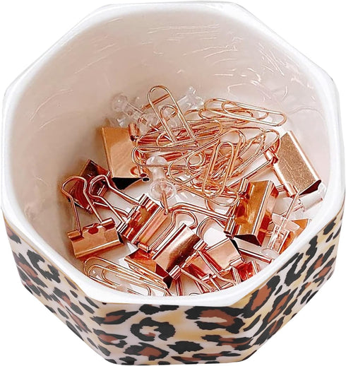 Ceramic Paper Clip Holder - Gold Line Paper Clip Dispenser Organizer for Desk, Cute Leopard Office Binder Clip Holder