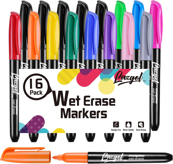 Wet Erase Markers, Bulk Pack of 16 (12 Colors) Fine Tip for Dry Erase Whiteboard, Refrigerator Calendars, Glass