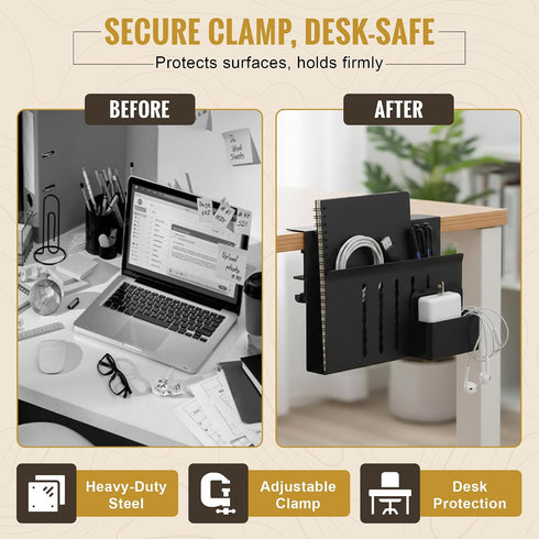 Desk Side Storage, Steel Side Desk Organizer, Clamp on Laptop Mount with Magnetic Pen Holder, No Drill Under Desk