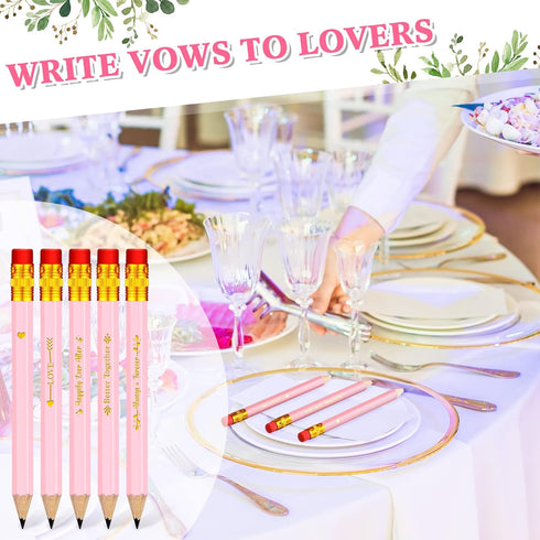 Crtiin 50 Pcs Pink Wedding Pencils for Bridal Shower, Mini Golf, Classroom, School, 4 Inch Pre Sharpened with Eraser