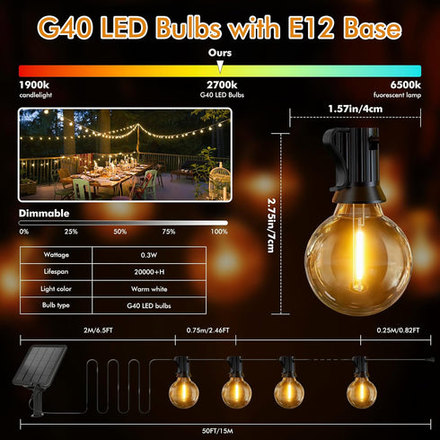 50ft 18+1 G40 Bulbs, 4 Dimming,3 IP65 Solar String Lights Outdoor - Shatterproof & Waterproof LED Remote Control w/