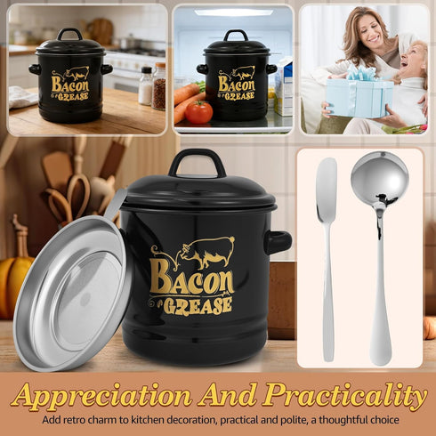 Generic Bacon Grease Saver with Strainer & Lid Rustic Farmhouse Fat Container, Includes Spatula and Spoon, Large