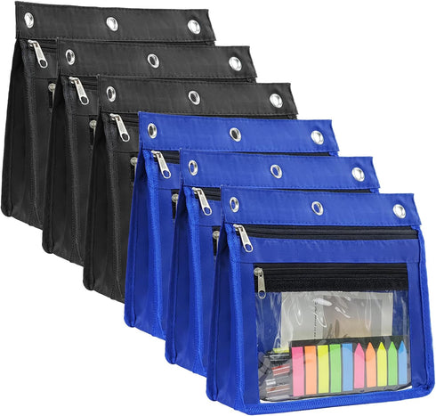 Yoeejob 1inch Expandable Pencil Pouch, 6 Pack Large Capacity for 3 Ring Binder, Black+Blue