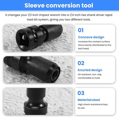 1/2 inch Square to 1/4 inch Black Hex Ratchet Socket Wrench Adapter Spanner Set, Drive Converter Impact Tool