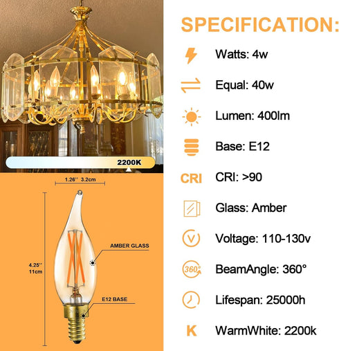 Owilukie Bulbs 4W (40W E12 Bulb 2200k,Dimmable Fixture,Chandelier,6 Pack Chandelier Amber Light Equivalent), Amber