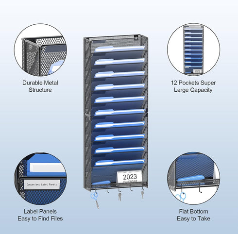 OUTWOLF Hanging Wall File Organizer, 12 Tier Vertical Mount Holder for Office Paper and Documents