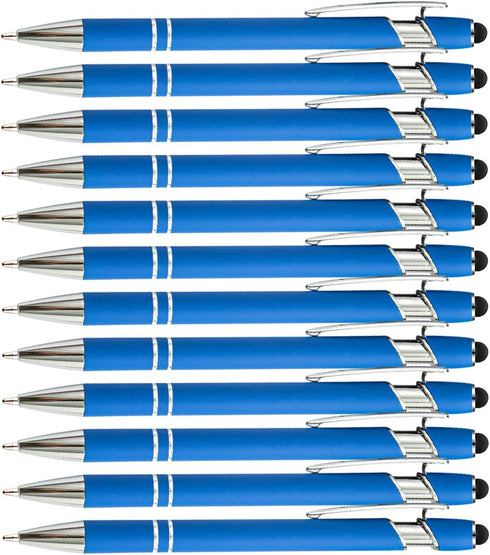 PASISIBICK 12 Pieces Blue Ballpoint Pen with Stylus Tip, 2 in 1 Stylish Metal Pen for Touch Screens, Black Ink (Light