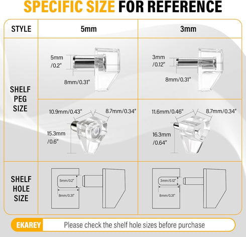 EKAREY 60 5mm Closet (60 5mm) Pcs Cabinet Shelf Pegs for Shelves, Shelf Pins Holders, Clear Shelf Support Pegs