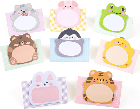 Cute Animal Sticky Notes | 8 Pack Kawaii Self-Stick Notes | Cartoon Markers Flags | 160 Sheets