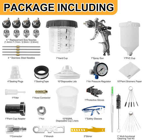 HCDDQP 1.4/1.7/2.0/2.5mm 4 Nozzles 10Pcs 650ML HVLP Paint Spray Gun Kit with & Air Compressor Regulator, Disposable