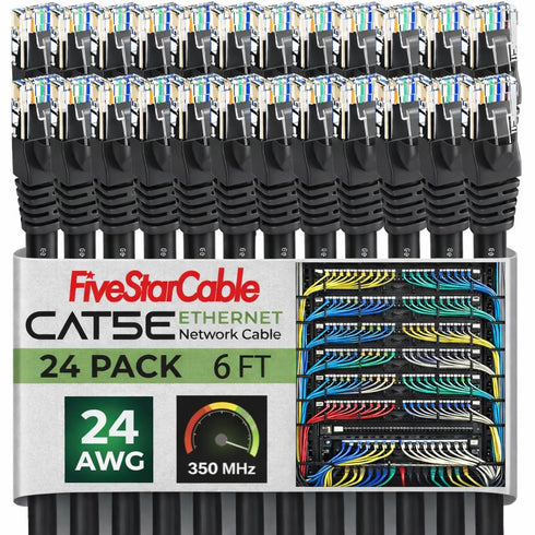 24 Pack Snagless Short Cat 5e Ethernet Cable - 6 Ft, High-Speed