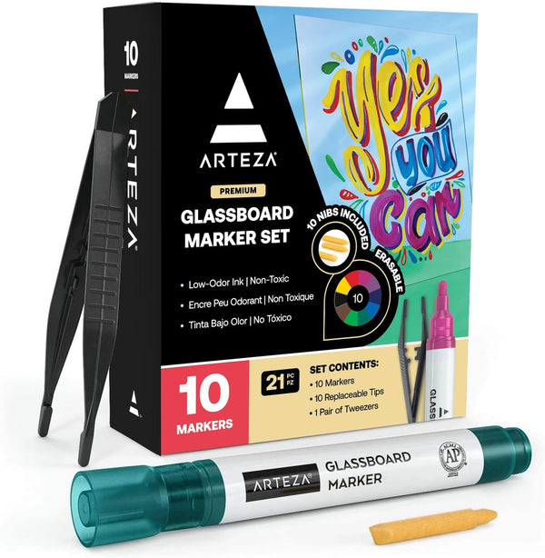 ARTEZA Glass Board Dry Erase Markers, Pack of 10 Colors Glass Markers,