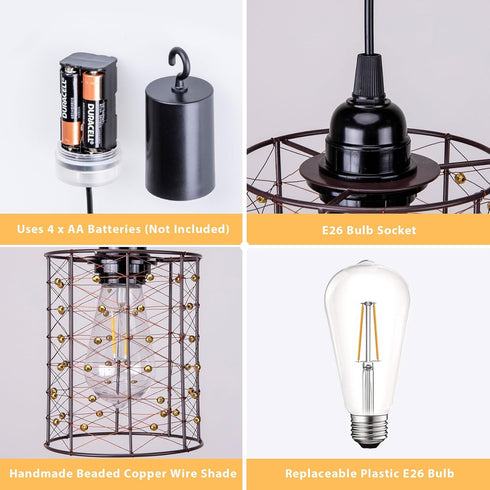 56 4 (2) Battery Operated Hanging Outdoor Chandelier, Battery Power Pendant Light, Gazebo Lights Outdoor, AA Batteries