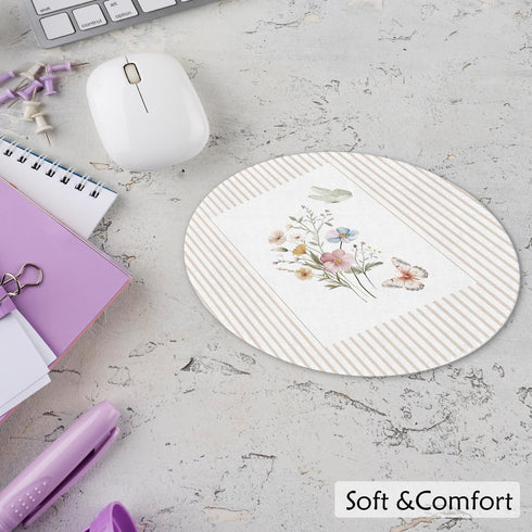 Qykwz 7.9x7.9 Inch Boho Floral Butterfly Mouse Pad, Preppy Wild Flower Botanical Neutral Striped Mousepad for Computers