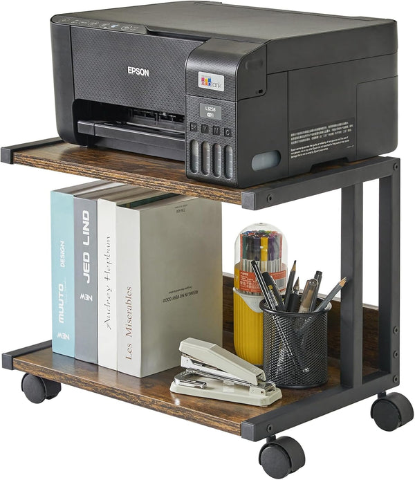 IBUYKE Under Desk Printer Stand, 2 Tier Mobile Home Organizer Shelf with 4 Wheels for Printer, Rustic Brown UTLJ007H
