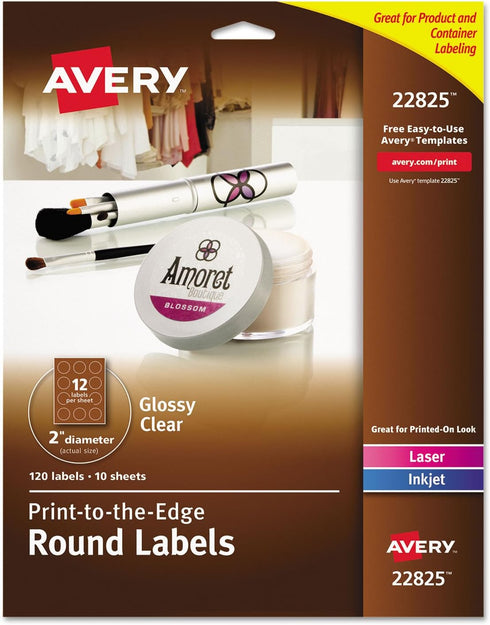 Avery Round Print-To-The Edge Labels, 2" Dia, Glossy Clear, 120/pk with Sure Feed and Easy Peel