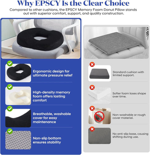 Tailbone EPSCY Memory Foam Donut Cushion for Coccyx, Hemorrhoid, Sciatica & Pain Relief - Pressure Reducing Seat