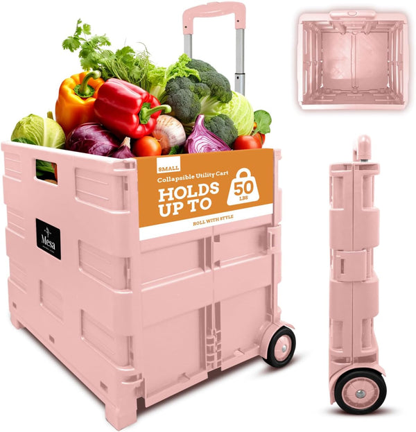 Inspired Living Medium Rolling Collapsible Storage Pack-N-Roll Utility Carts, Telescopic Handle, Raspberry Pink for