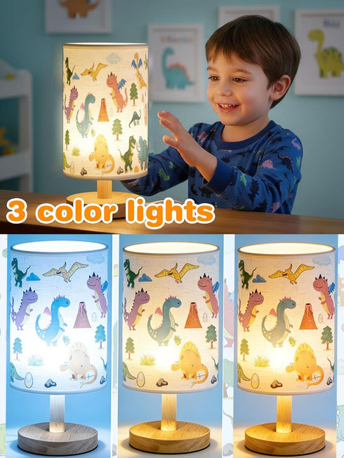 Boys,3 Dimmable Kids Table Lamp for Bedroom,Dinosaur Room Decor for Level Wood Nightstand Desk Base Flaxen Fabric Shade
