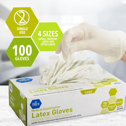 MED PRIDE Large Medical Latex Examination Gloves (100-Count) Ultra-Strong Disposable Powder-Free for Healthcare