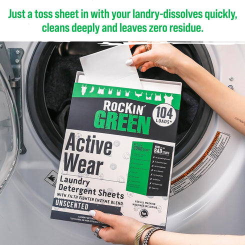 (104 Rockin' Green Active Wear Travel Laundry Detergent Sheets Unscented - Mess-Free Laundry Sheets Detergent