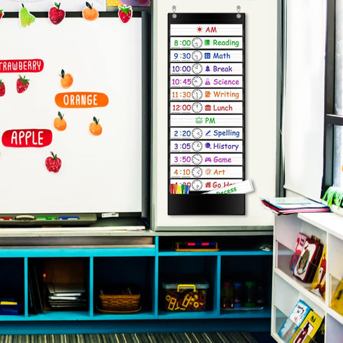 Daily Schedule Pocket Chart with 13+1 Pockets, 18 Dry Eraser Cards, Over Door Mountings for Classroom, Office (Black)