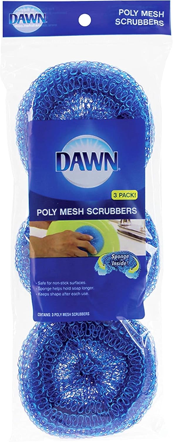Dawn Non-Scratch Poly Mesh Round Scrubber Sponges, Blue, Pack of 3