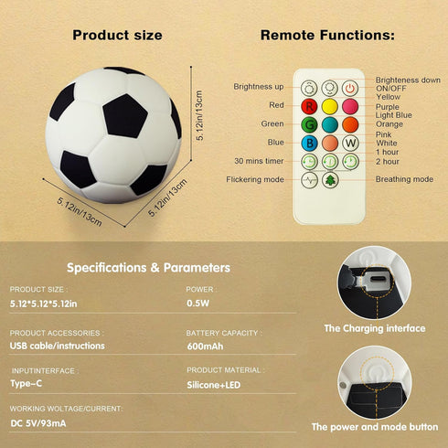 GYZLK 9 Dimmable (5.12 inch) Soccer Silicone Night Light, Soft Colors with Remote Timer, Rechargeable, Battery Operated