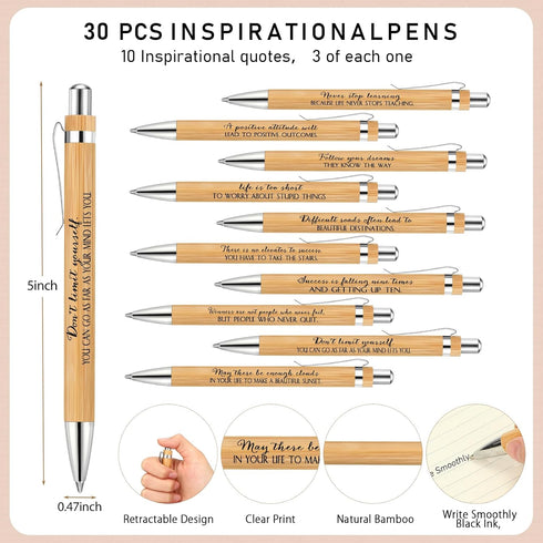Yeaqee 30 Set Inspirational Gifts, Spiral Notebooks with Sticky Notepads, Motivational Bamboo Ballpoint Pens, Back to