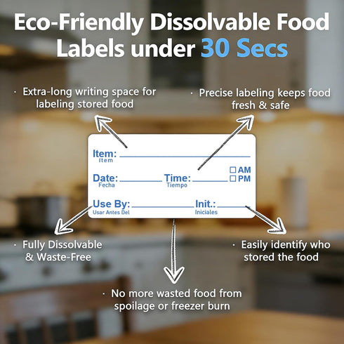 Risepekt 200 2"x1" 30 Pcs Dissolvable Food Labels Roll, Dishwasher Safe, Dissolves in Water in Sec, Removable Freezer