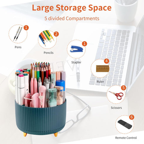 Desk Pencil Pen Holder, 5 Slots 360° Degree Rotating Organizer for Desk, Cute Pencil Cup for Office, Dark Green