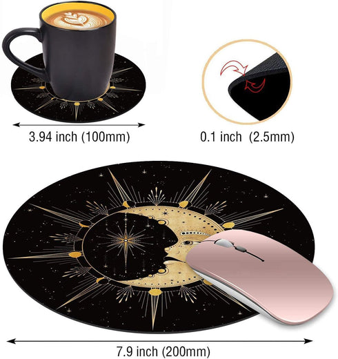 Round Mouse Pad with Coasters Set - Celestial Theme Sun with Crescent Moon Midnight Art Non-Slip Rubber Mousepad