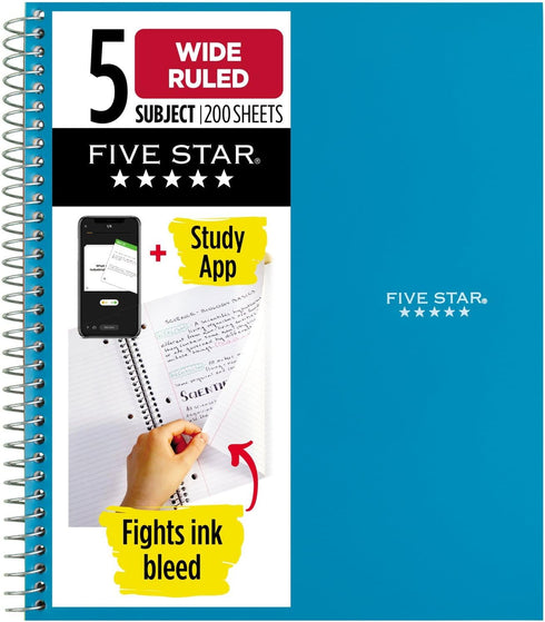 Five Star Spiral Notebook + Study App, 5 Subject, Wide Ruled, 8" x 10-1/2", 200 Sheets, Tidewater Blue