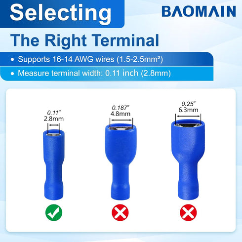 Baomain 100-Pack Female Quick Disconnect Spade Terminals, 0.11", 16-14 AWG, Fully Insulated Crimp Connectors