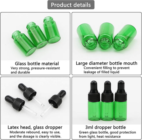 40 Pack 3ml Green Glass Dropper Bottles with Black Rubber Cover, Tapered Glass Droppers Set