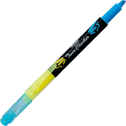 Pentel Twin Checker Dual-tip Highlighter, Chisel Tip, Yellow/Blue Ink, Pack of 12 (SLW8-GS)