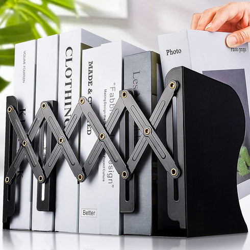 Carooyac Adjustable Metal Book Ends, Heavy Duty Decorative Bookends for Home Office, Kids Bookshelf, Magazine Holder