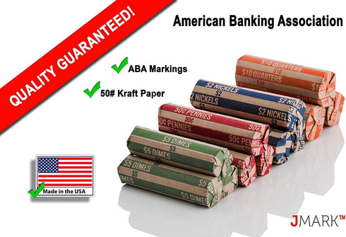 J Mark Flat Coin Roll Wrappers (Quarters, Dimes, Nickels, Pennies), ABA Striped Kraft Paper Coin Roll Wrappers,