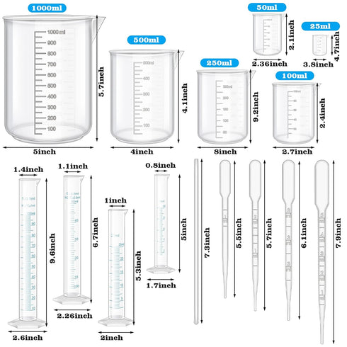 23Pcs Plastic Graduated Cylinders Beakers Set, 6 Clear Cylinders 25/50/100/250/500/1000ml, 4 Beakers 10/25/50/100ml