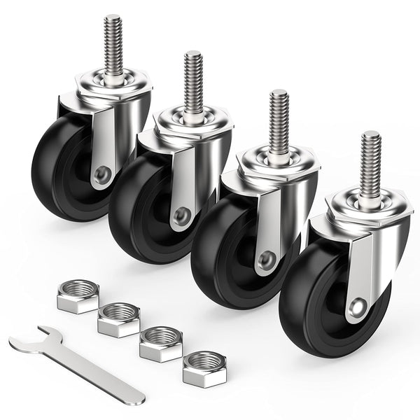 Caster Wheels 3 Inch with No Brake - 3/8" -16 x 1-1/2" Threaded Swivel Casters Set of 4 Heavy Duty