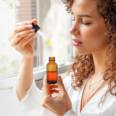 48 Pack 1oz Amber Glass Bottles with Glass Eye Droppers for Essential Oils, Perfumes & Lab Chemicals (54 Pieces Labels)