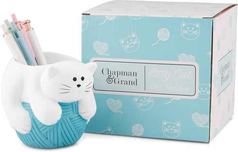 Chapman and Grand Relaxing Kitty Cat Pen Holder (White/Turquoise), Patent Pending Design