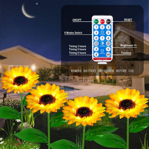 Indoor-4 Pack 8 Solar Sunfower Lights Outdoor& Sunflower Lights with Remote, Modes Home Garden Decor,Sunflowers Gifts